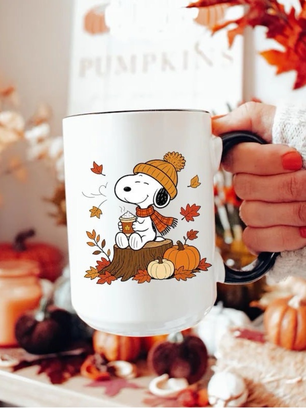 Snoopy Autumn Ceramic Mug - White with Orange Accents
